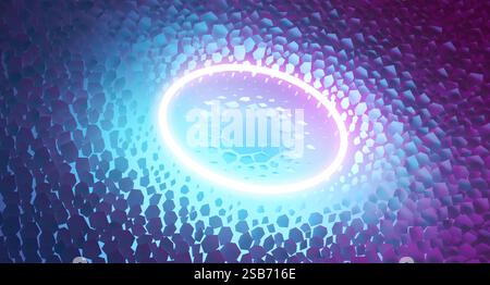Illustration abstraite d'un anneau lumineux au néon explosant dans un réseau de particules à faible teneur en poly. Rendu conceptuel 3d de l'énergie mobile de l'onde de souffle. Banque D'Images