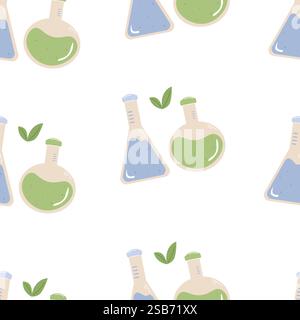 Divers flacons et béchers remplis de liquides verts et bleus sont dispersés sur fond blanc, complétés par de petites feuilles vertes. Illustration de Vecteur