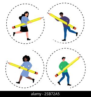 Quatre personnes courent joyeusement tout en tenant de grands crayons jaunes, mettant en valeur la créativité et le plaisir dans un environnement fantaisiste. Illustration de Vecteur