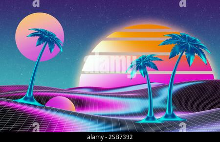 Illustration rétro futuriste dans le style des années 1980. Terrain numérique avec des palmiers holographiques devant le coucher du soleil cyber laser. Fond de couleur néon clair Banque D'Images