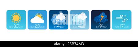 Différentes conditions météorologiques sont affichées, y compris des prévisions ensoleillées, pluvieuses et venteuses pour la semaine à venir. Illustration de Vecteur