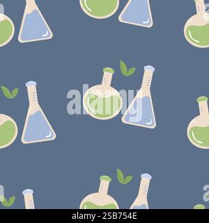 Flacons de laboratoire de différentes formes remplis de liquides colorés créant un motif vibrant et ludique sur un fond bleu foncé. Illustration de Vecteur