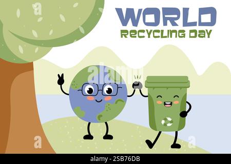 Personnage de terre avec des lunettes et un personnage de bac de recyclage vert partagent un moment joyeux au bord d'un lac sous un arbre. Cette illustration promeut les environnementalistes Illustration de Vecteur