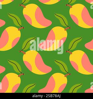 Une exposition vibrante de fruits de mangue, illustrée dans différentes nuances de jaune et de rose, repose sur un fond vert luxuriant, créant un vif et tropical Illustration de Vecteur