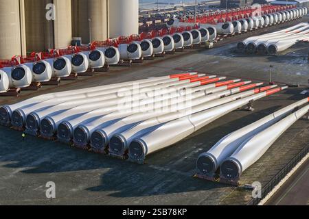 Le Havre, France, Europe - 16 janvier 2025 : grandes pales d'éoliennes et autres pièces fabriquées par Siemens stockées à quai dans le port du Havre. Banque D'Images