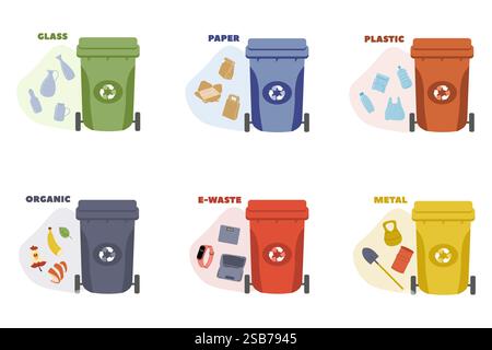 Trier les déchets dans différents bacs de recyclage dans un environnement propre et organisé Illustration de Vecteur