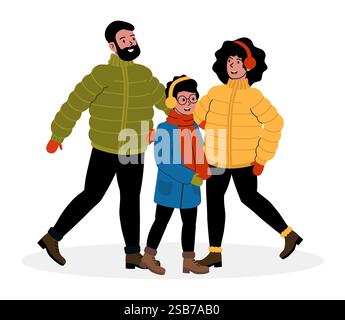 Famille profitant d'une promenade hivernale dans des vestes colorées par une journée fraîche Illustration de Vecteur