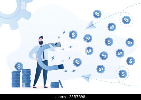 Bel homme d'affaires avec un aimant énorme attirant l'argent. Les pièces volent à l'employé. Concept de réussite commerciale. Personnage masculin et éléments dans la tendance b Illustration de Vecteur