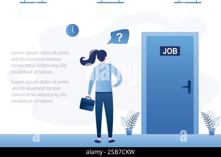 Modèle de bannière de recherche d'emploi. Femme d'affaires debout dans le couloir. Femme candidate beauté en attente d'entretien d'embauche. Caractère candidat féminin. Porte fermée. Tre Illustration de Vecteur