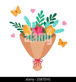 Un bouquet de fleurs magnifique et coloré avec papillons et coeurs charmants. Isolé. Illustration vectorielle. Illustration de Vecteur
