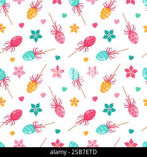 Un motif sans couture vibrant et coloré avec des œufs de Pâques, des papillons joyeux et des feuilles brillantes. Texture infinie. Illustration vectorielle. Illustration de Vecteur