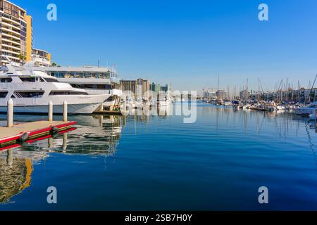 Los Angeles, Californie - 17 décembre 2024 : scène tranquille à Marina del Rey mettant en vedette un grand yacht et plusieurs bateaux, avec des reflets clairs en t Banque D'Images