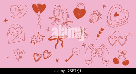 ensemble d'éléments pour la saint-valentin. ensemble d'illustrations pour la saint-valentin, mariage, anniversaire. ensemble d'illustrations avec des coeurs Illustration de Vecteur