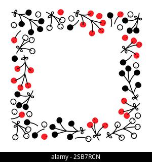 Bordure décorative dessinée à la main avec des baies rouges et noires sur un fond blanc Uni Illustration de Vecteur