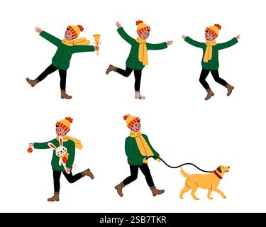 Profiter des activités hivernales avec un chien dans une ambiance festive Illustration de Vecteur