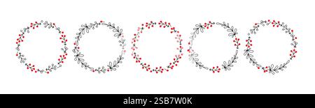 Collection de couronnes fleuries avec des accents rouges et des lignes complexes Illustration de Vecteur