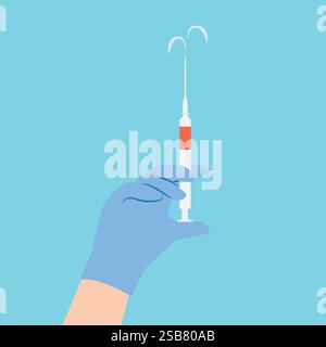 Faire injection et concept de vaccination. Main du médecin dans le gant médical protecteur bleu golding seringue avant de faire la vaccination ou l'injection Illustration de Vecteur