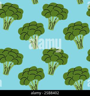 Motif coloré avec des illustrations de brocoli de style bande dessinée sur un fond bleu clair Illustration de Vecteur