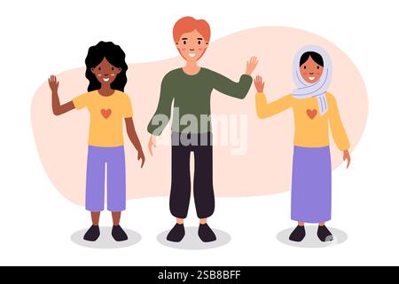 Trois enfants divers agitant tout en portant des vêtements colorés dans un cadre d'illustration joyeux Illustration de Vecteur
