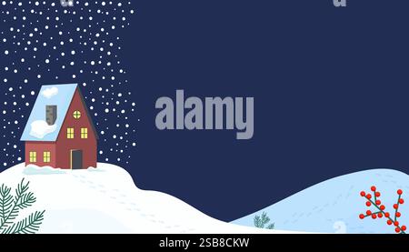 Une maison rouge confortable couverte de neige lors d'une nuit d'hiver paisible dans un paysage enneigé Illustration de Vecteur