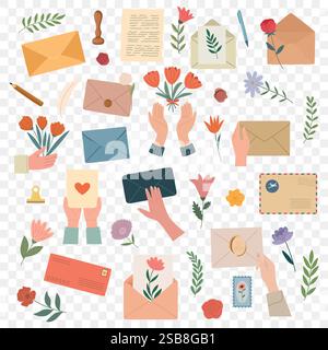 Lettres et enveloppe fleuries vintage. Lettres d'amour, courrier romantique, timbres postaux. Belle papeterie florale, messages d'amour, correspondance. Romantique Illustration de Vecteur