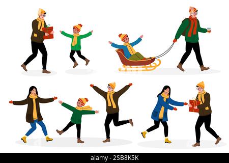 La famille profite d'une journée d'hiver avec luge et activités festives dans une scène de parc enneigé Illustration de Vecteur