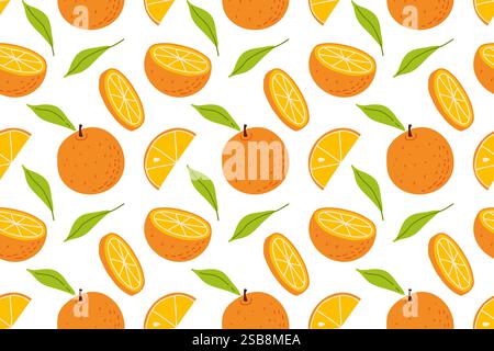 Un motif vibrant présente des oranges entières, des tranches d'orange et des feuilles vertes Illustration de Vecteur