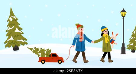 Couple marchant en hiver portant un arbre de Noël et un jouet lapin Illustration de Vecteur
