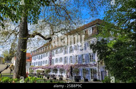 Vue sur le Bad Hotel Uberlingen avec sa wisteria fleurie, par une journée ensoleillée. Un beau bâtiment historique. Allemagne, Uberlingen, 25 avril 2024. Banque D'Images