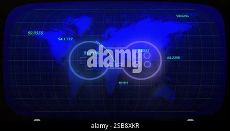Contrôleur de jeu et coordonne l'image sur la carte du monde avec la grille bleue Banque D'Images