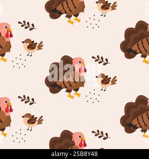 Motif coloré avec des dindes et de petits oiseaux avec des feuilles sur fond clair Illustration de Vecteur
