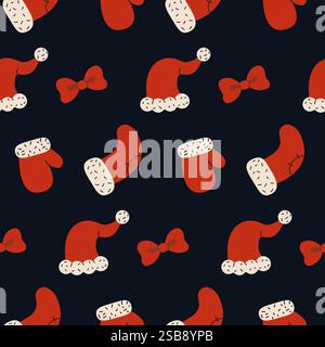 Motif festif coloré avec des chapeaux de Noël, des mitaines et des noeuds sur un fond sombre Illustration de Vecteur