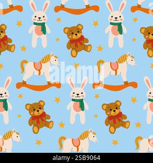 Motif coloré pour enfants avec des jouets ludiques sur un fond bleu clair Illustration de Vecteur
