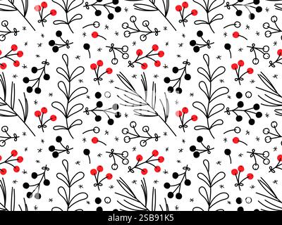 Motif floral coloré avec des accents rouges sur un fond blanc présentant des plantes Illustration de Vecteur