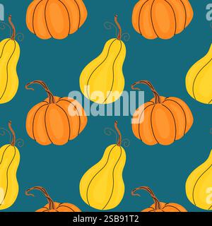 Motif coloré de citrouilles et de gourdes sur un fond bleu vif Illustration de Vecteur