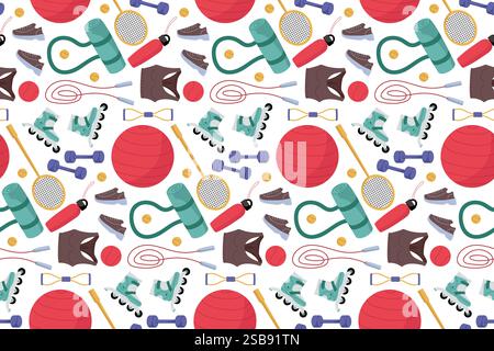 Motif coloré de divers équipements sportifs et accessoires adaptés aux modes de vie actifs Illustration de Vecteur