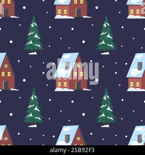 Scène nocturne d'hiver avec des maisons enneigées et des arbres à feuilles persistantes dans un paysage serein Illustration de Vecteur