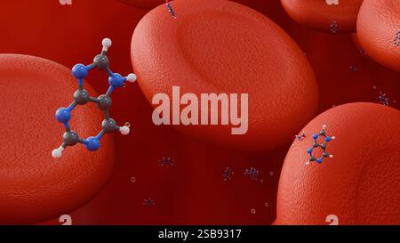 Rendu 3D des molécules d'acide urique et des globules rouges. L'hyperuricémie survient lorsqu'il y a trop d'acide urique dans le sang. Banque D'Images