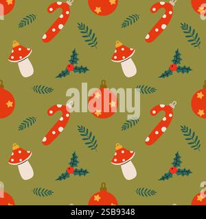 Motif coloré sur le thème de Noël avec cannes de bonbon, ornements, champignons et feuilles de houx Illustration de Vecteur