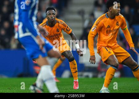 Cornella El Prat, ESP. 1er février 2025. RCD ESPANYOL vs REAL MADRID 1 février 2025 Vinicius Jr (7) du Real Madrid lors du match entre le RCD Espanyol et le Real Madrid correspondant à la vingt-deux journée de la Liga EA Sports au stade RCDE de Barcelone, Espagne. Crédit : Rosdemora/Alamy Live News Banque D'Images