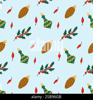 Motif coloré de vacances avec des ornements, houx et baies sur un fond bleu clair Illustration de Vecteur