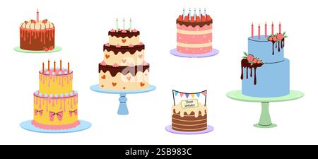 Assortiment coloré de gâteaux décorés sur l'affichage pour une célébration Illustration de Vecteur