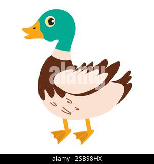 Canard de dessin animé coloré avec des plumes vibrantes se tient sur un fond blanc Illustration de Vecteur