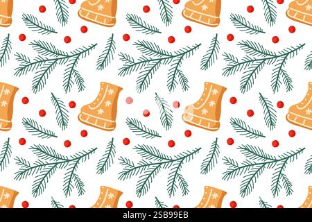 Motif hivernal avec patins à glace et branches de pin sur fond blanc Illustration de Vecteur