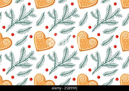 Biscuits festifs en forme de cœur ornés de verdure et de baies dans un motif joyeux Illustration de Vecteur