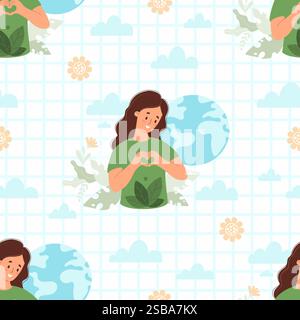 Modèle sans couture respectueux de l'environnement. Femme dans des vêtements de recyclage verts faisant le geste de coeur entouré par la Terre sur fond à carreaux blanc avec des nuages Illustration de Vecteur