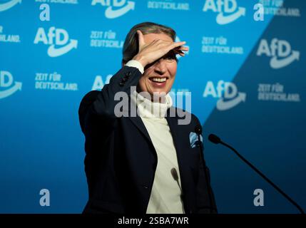 Neu Isenburg, Ger. 1er février 2025. Alice Weidel (AFD-Vorsitzende) BEI ihrer Rede à Neu-Isenburg. Hält sich die hand vor die Stirn, da Sie jemanden im Publikum sehen möchte. Mélange DAS Licht. Zeit für Alice Weidel - in Neu-Isenburg - Wahlkampftour Bundestagswahl 2025 - 01.02.2025, Neu-Isenburg, Hugenottenhalle, Hessen crédit : HMB Media/Alamy Live News Banque D'Images