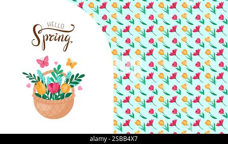Un motif floral printanier coloré avec un charmant panier de fleurs et de papillons flottant autour. Bonjour Spring. Carte de vœux, bannière. Vecteur Illustration de Vecteur