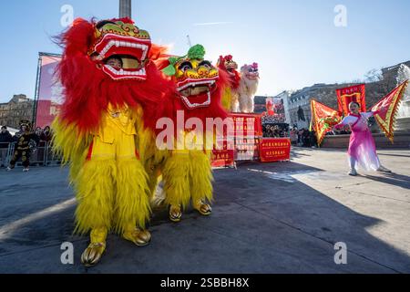 Londres, Royaume-Uni. 2 février 2025. Les membres du lycée Sichuan Tianfu No. 7 en Chine se produisent à Trafalgar Square lors des célébrations du nouvel an chinois du serpent. Également connue sous le nom de nouvel an lunaire et Festival du printemps, la capitale accueille le plus grand événement du nouvel an chinois en dehors de l'Asie à Chinatown avec un défilé de danse du dragon, de danse du lion, de personnages costumés ainsi que des spectacles à Trafalgar Square. Credit : Stephen Chung / Alamy Live News Banque D'Images