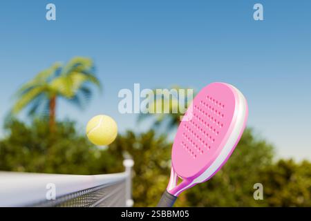 Une raquette de paddle-tennis rose frappe une balle jaune sur fond de ciel bleu vif. rendu 3d. Banque D'Images